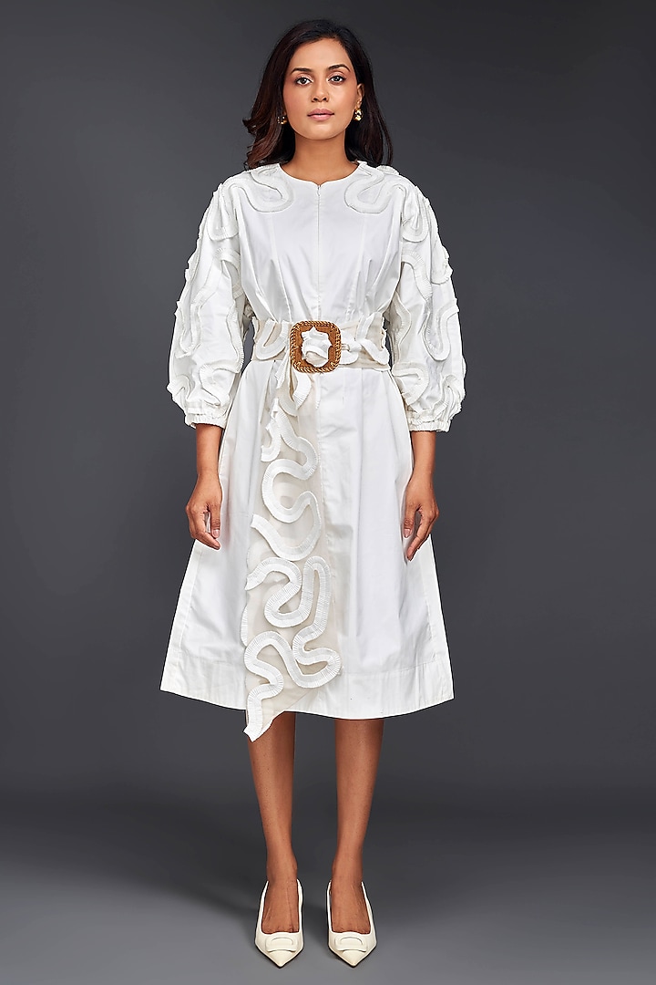 White Cotton Gathered Midi Dress With Belt by Deepika Arora at Pernia's Pop Up Shop