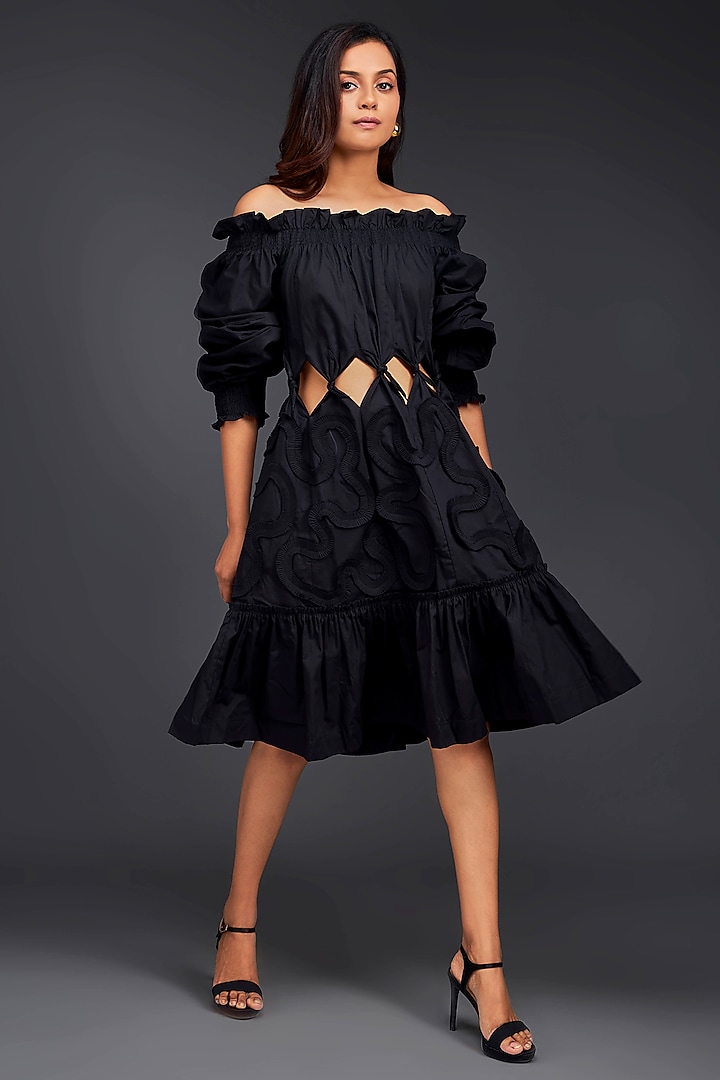 Black Cotton Off-Shoulder Cut-Out Dress by Deepika Arora at Pernia's Pop Up Shop