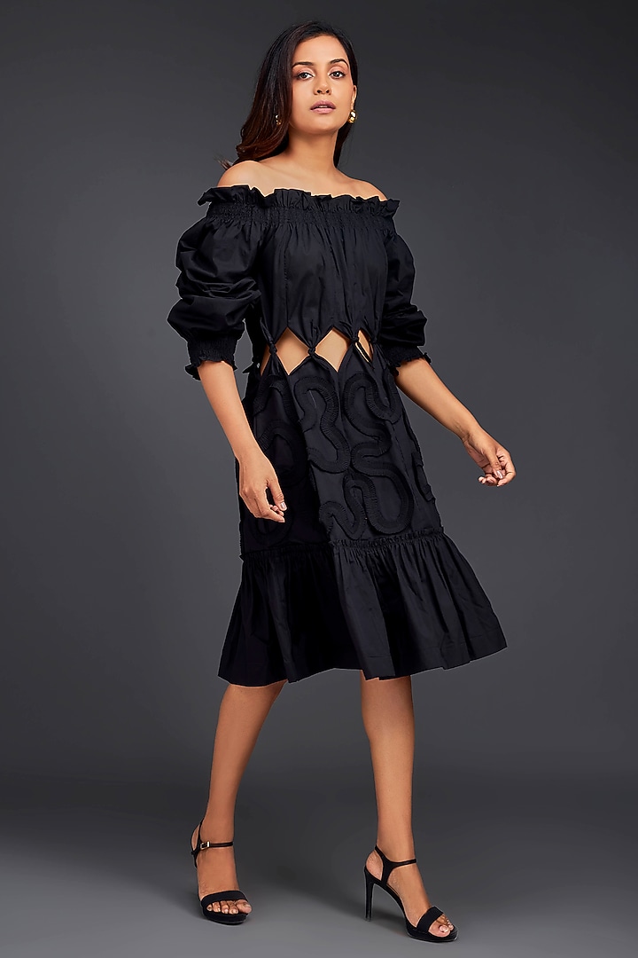 Black Cotton Off-Shoulder Cut-Out Summer Dress by Deepika Arora at Pernia's Pop Up Shop