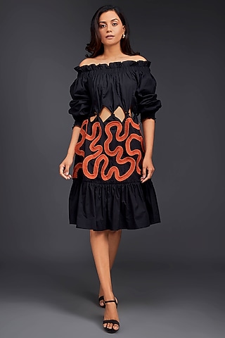 Black Cotton Off-Shoulder Cut-Out Dress by Deepika Arora
