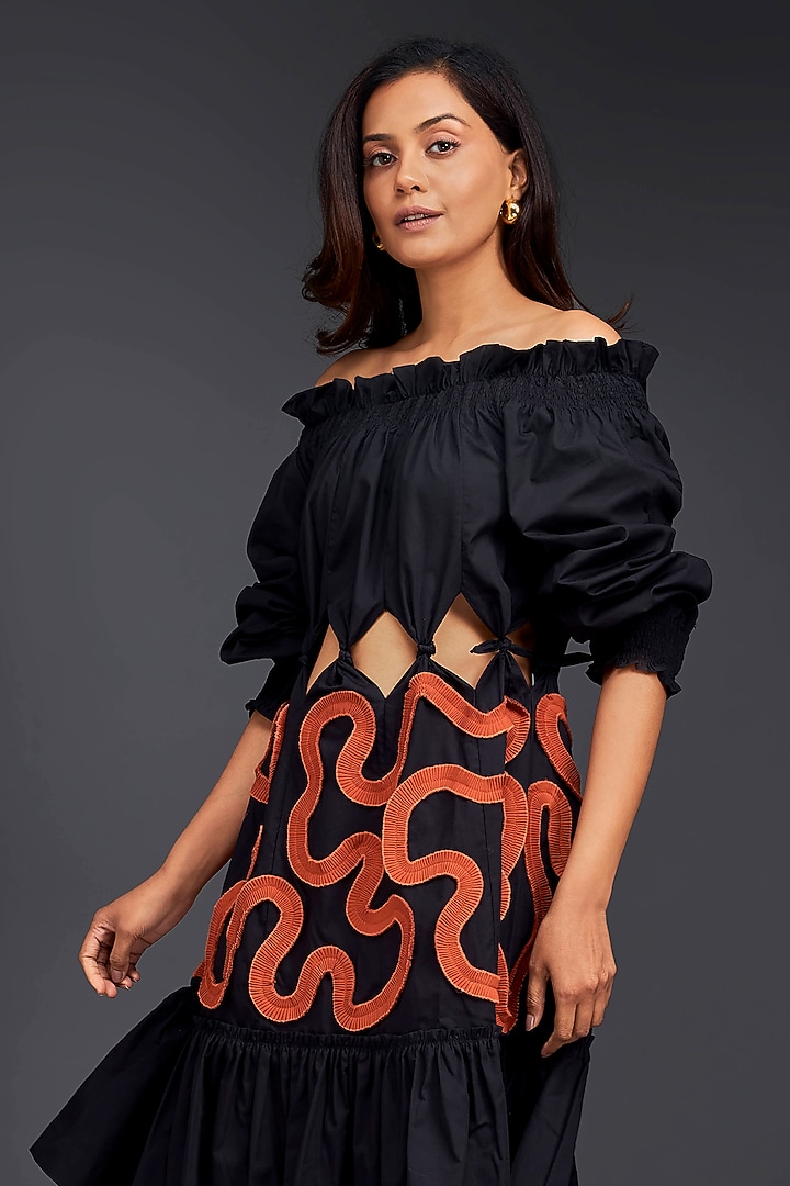 Black Cotton Off-Shoulder Cut-Out Summer Dress by Deepika Arora at Pernia's Pop Up Shop