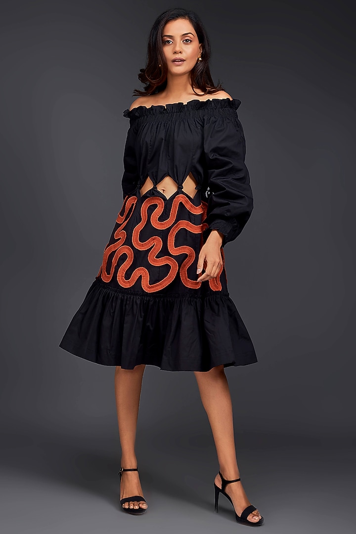 Black Cotton Off-Shoulder Cut-Out Summer Dress by Deepika Arora at Pernia's Pop Up Shop