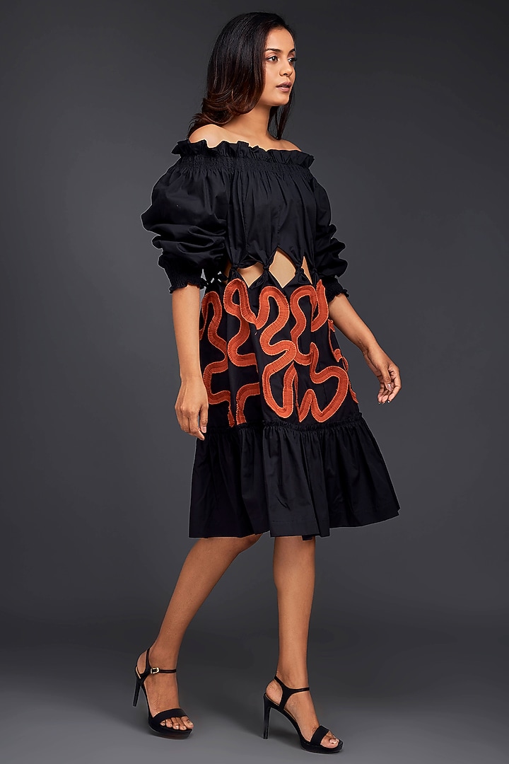Black Cotton Off-Shoulder Cut-Out Summer Dress by Deepika Arora at Pernia's Pop Up Shop