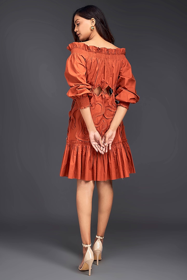 Orange Cotton Off-Shoulder Cut-Out Dress by Deepika Arora at