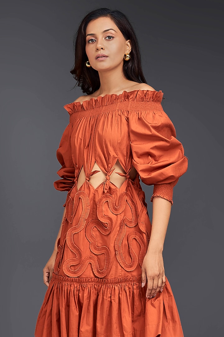 Orange Cotton Off-Shoulder Cut-Out Summer Dress by Deepika Arora at Pernia's Pop Up Shop