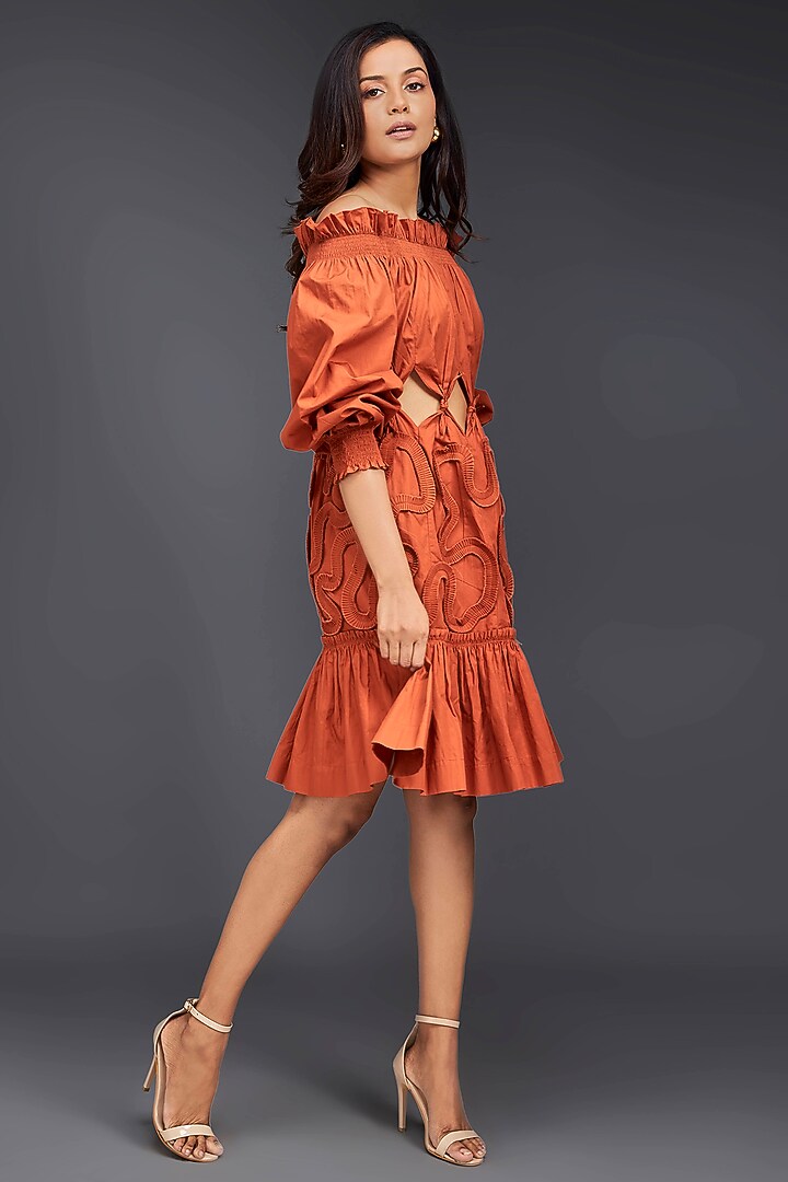 Orange Cotton Off-Shoulder Cut-Out Summer Dress by Deepika Arora at Pernia's Pop Up Shop