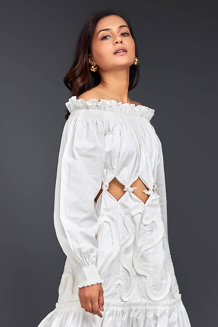 White Cotton Off-Shoulder Cut-Out Summer Dress by Deepika Arora at Pernia's Pop Up Shop