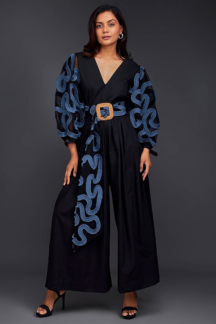 Black Cotton Jumpsuit With Belt by Deepika Arora at Pernia's Pop Up Shop