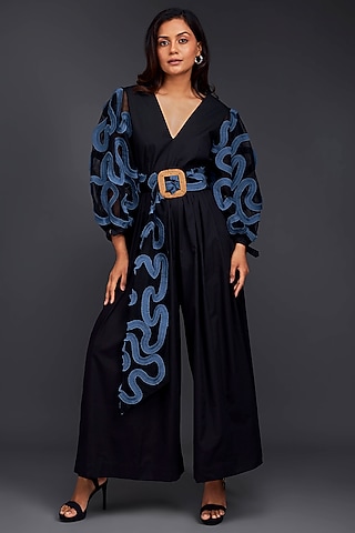 Black Cotton Jumpsuit With Belt by Deepika Arora