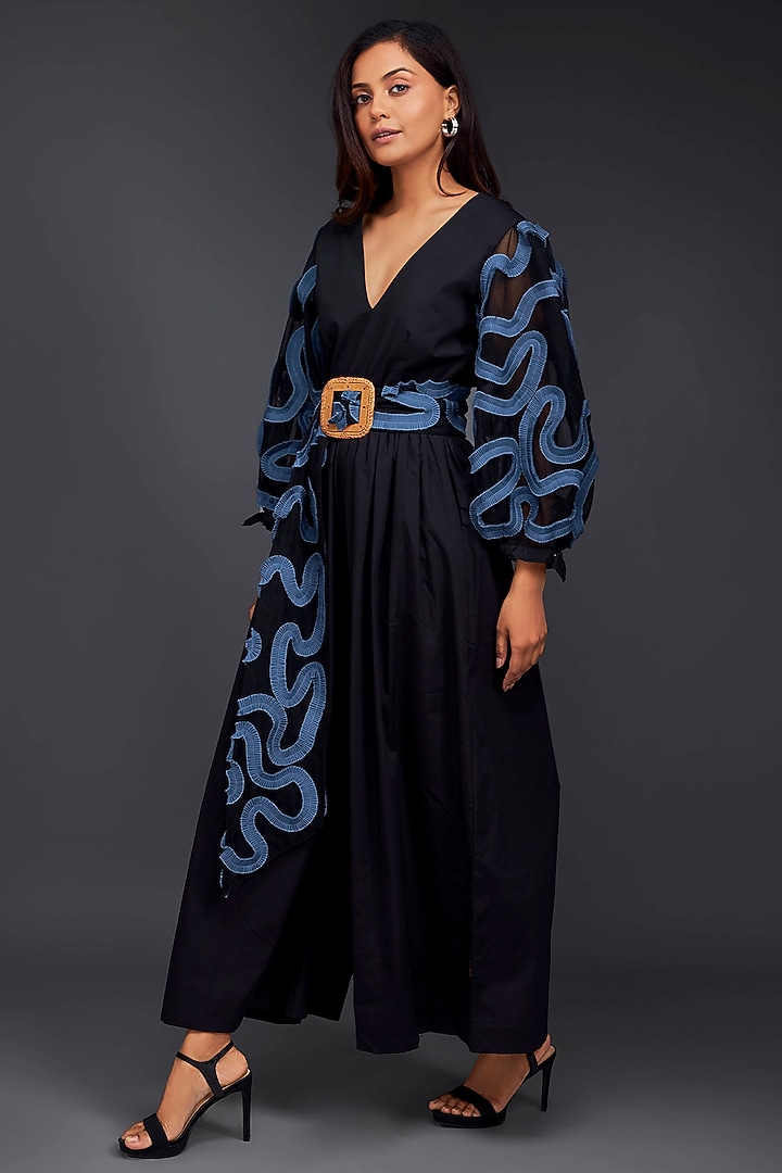 Black Cotton Jumpsuit With Belt by Deepika Arora at Pernia's Pop Up Shop