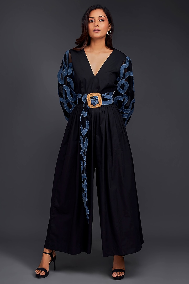 Black Cotton Jumpsuit With Belt by Deepika Arora at Pernia's Pop Up Shop