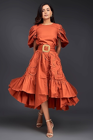 Orange Cotton Skirt Set by Deepika Arora
