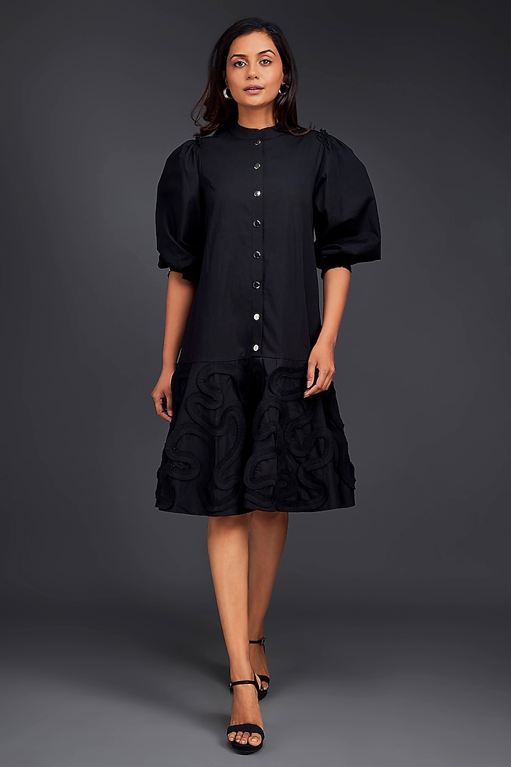 Black Cotton Knee-Length Dress by Deepika Arora at Pernia's Pop Up Shop