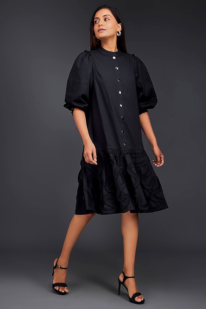 Black Cotton Knee-Length Summer Dress by Deepika Arora at Pernia's Pop Up Shop