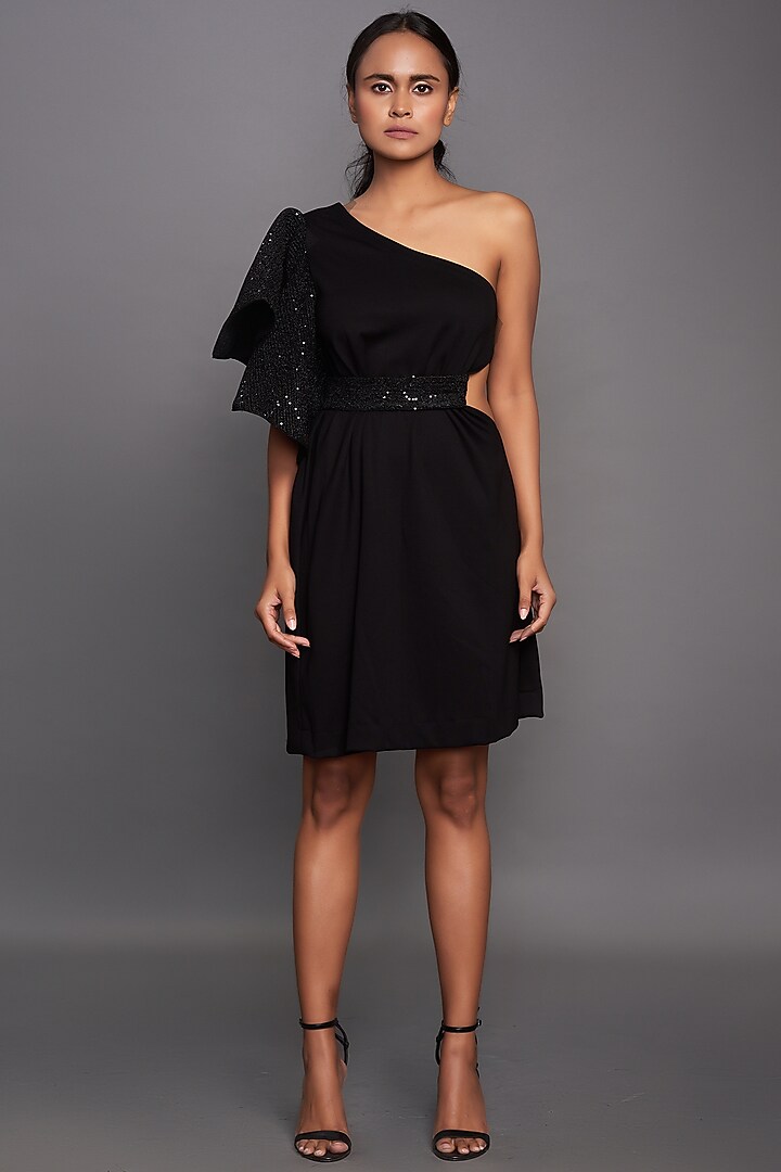 Black Ponte Roma One-Shoulder Summer Dress by Deepika Arora at Pernia's Pop Up Shop