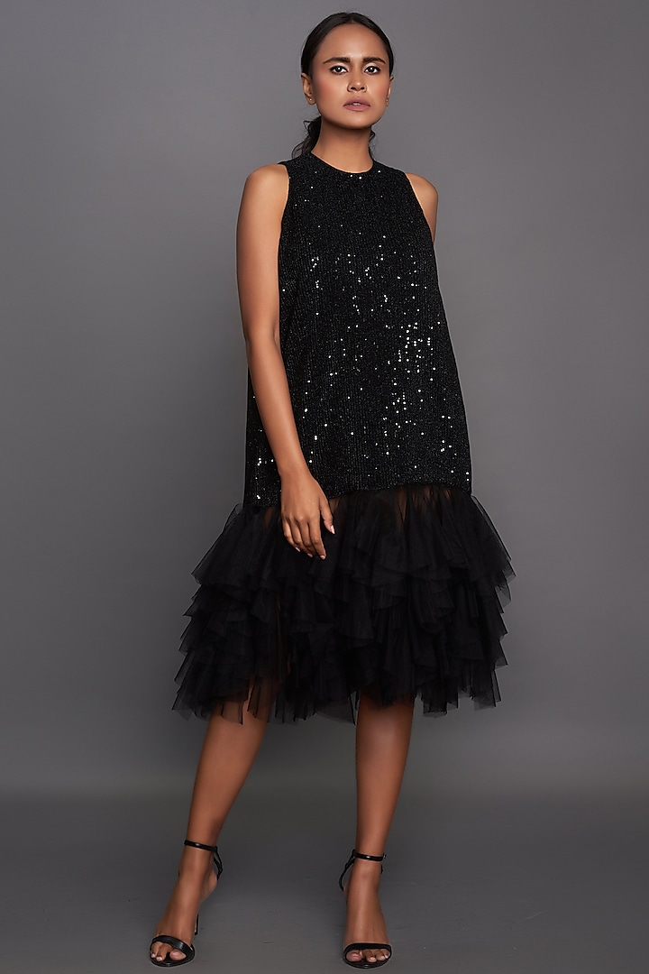 Black Sequins & Net Midi Dress by Deepika Arora
