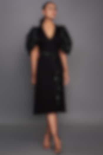 Black Sequins Pleated Midi Dress by Deepika Arora