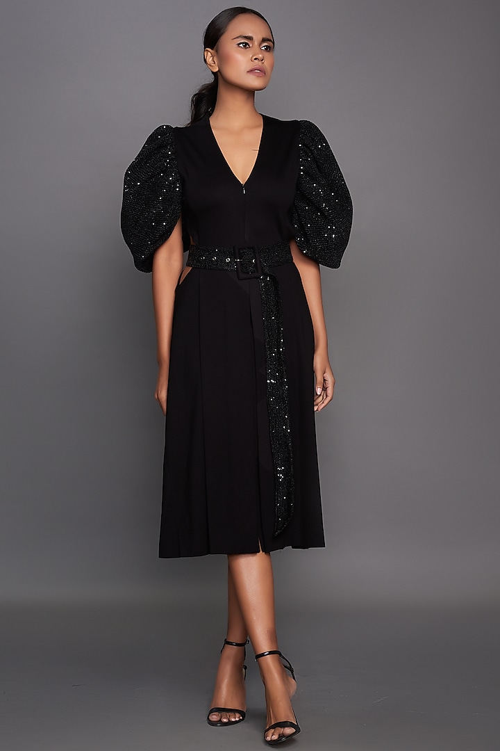 Black Sequins Pleated Midi Dress by Deepika Arora