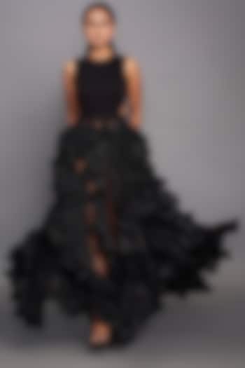 Black Sequins Net Ruffled Dress by Deepika Arora