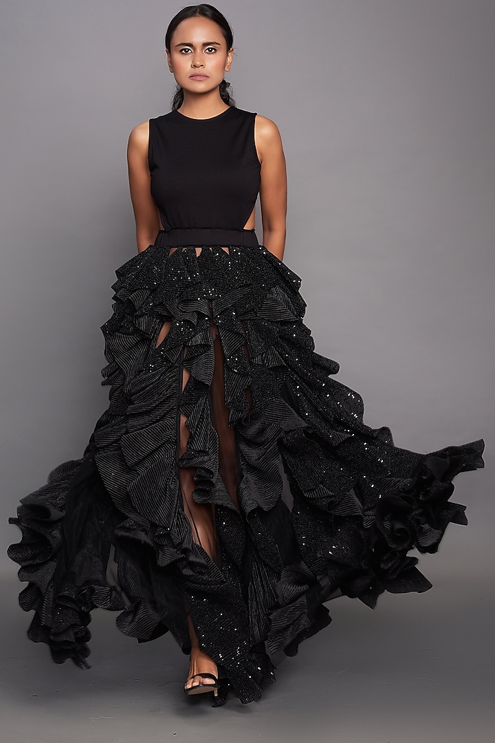 Black Sequins Net Ruffled Dress by Deepika Arora