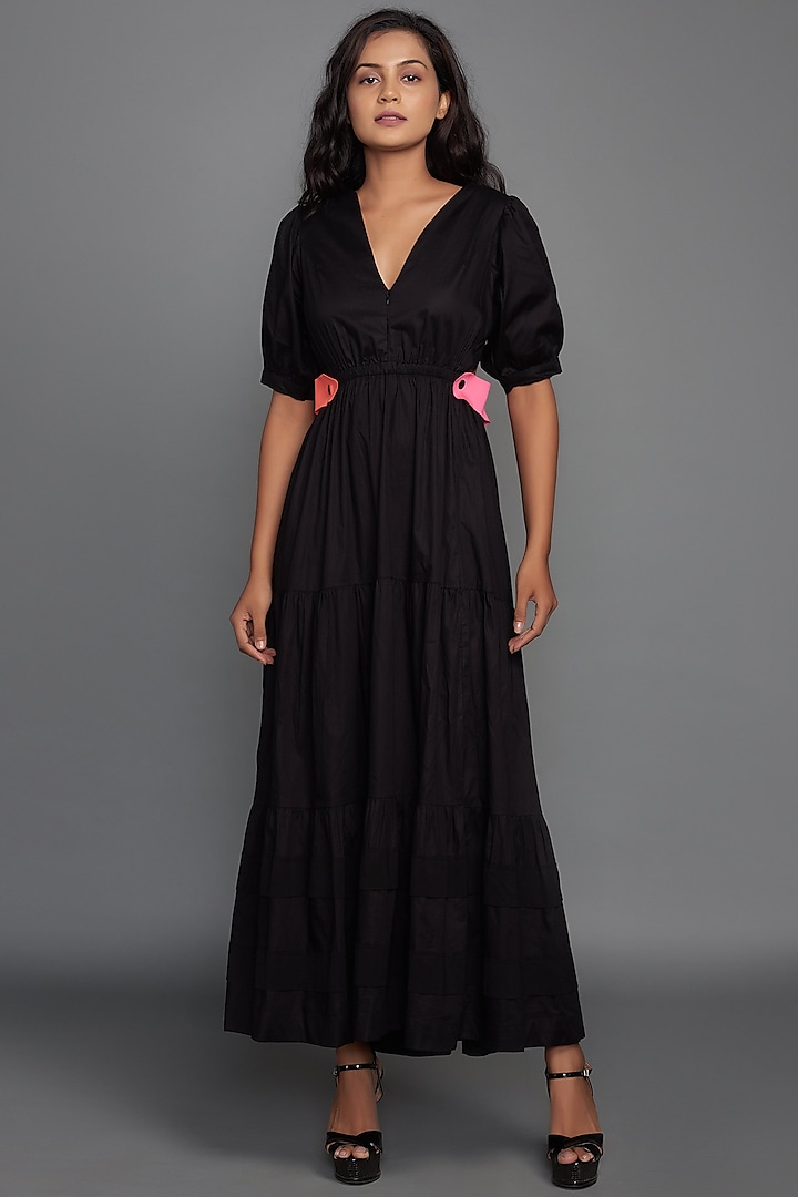 Black Cotton Tiered Dress by Deepika Arora