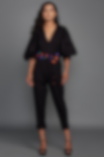 Black Cotton Jumpsuit With Belt by Deepika Arora