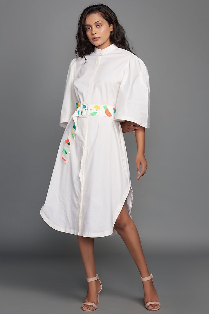 White Cotton Shirt Dress With Belt by Deepika Arora