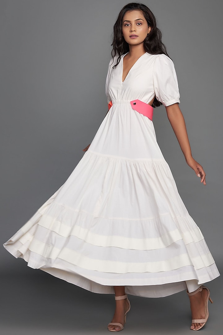 White Cotton Tiered Dress by Deepika Arora
