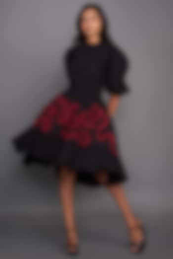 Black Cotton Asymmetrical Skirt Set by Deepika Arora