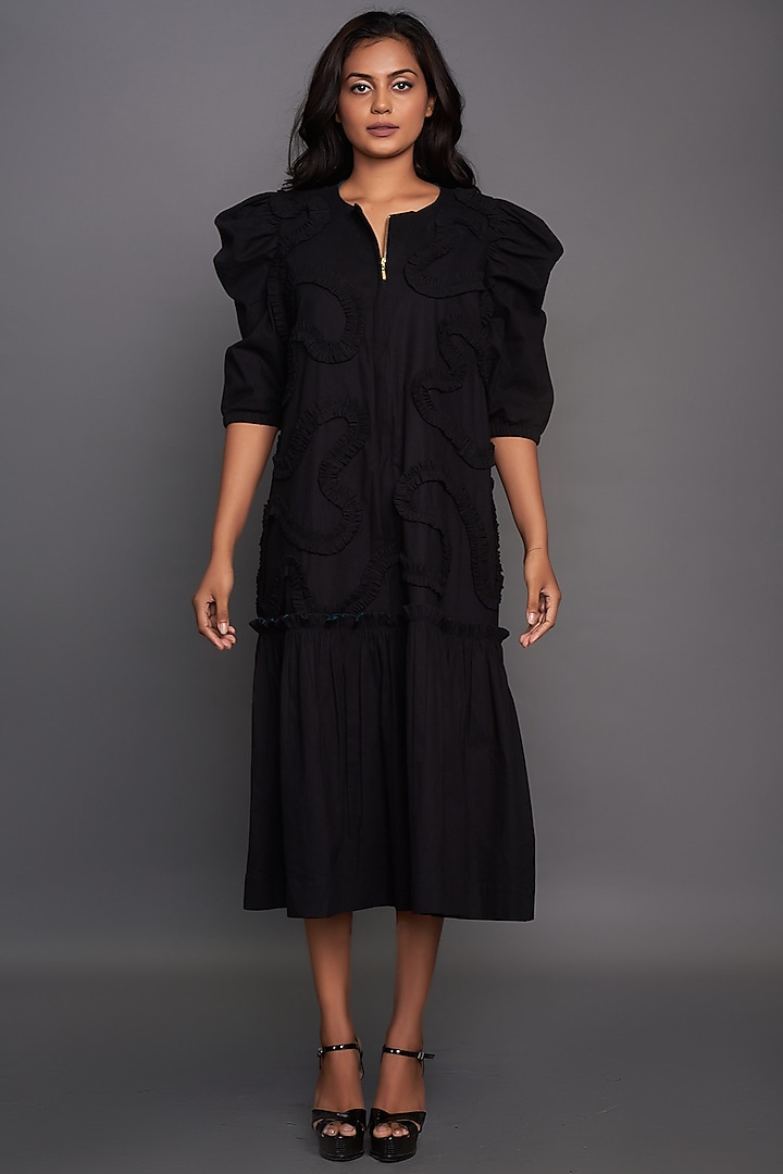 Black Midi Dress With Puffed Sleeves by Deepika Arora