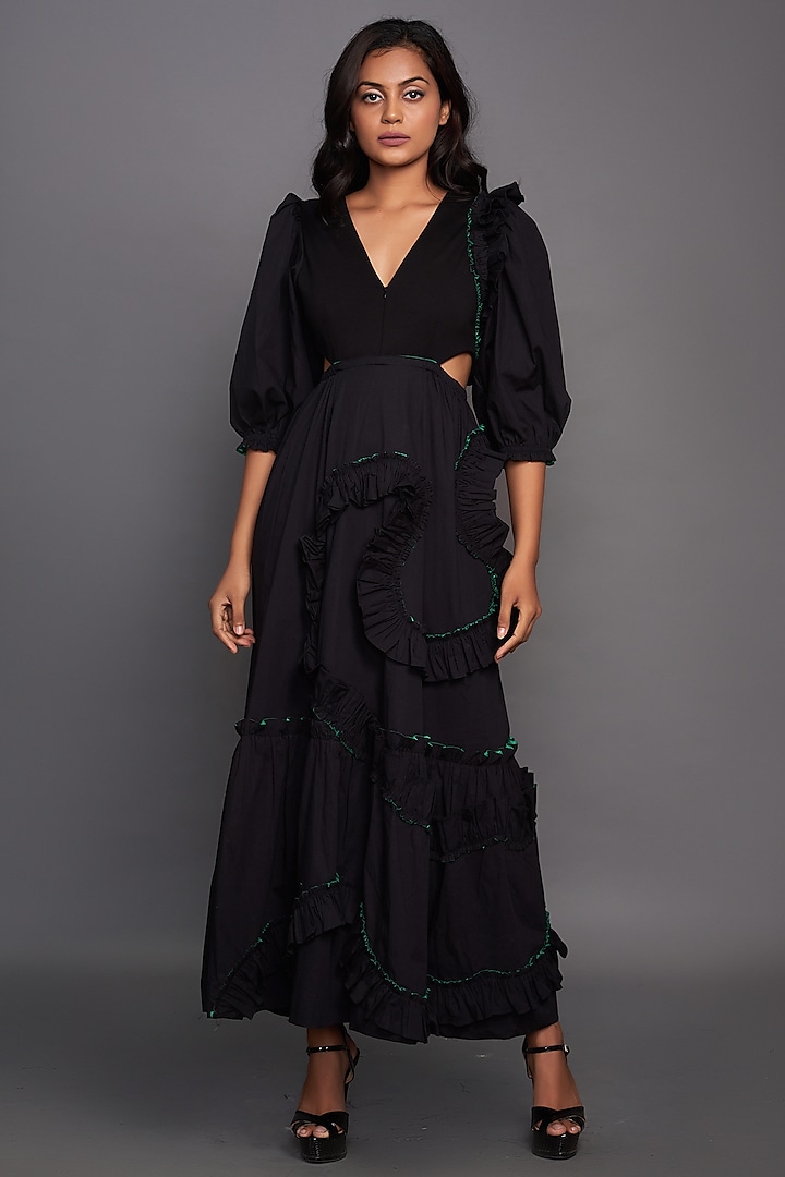 Black Cotton Dress With Puffed Sleeves Design by Deepika Arora at ...