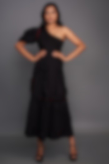 Black Cotton One Shoulder Dress by Deepika Arora