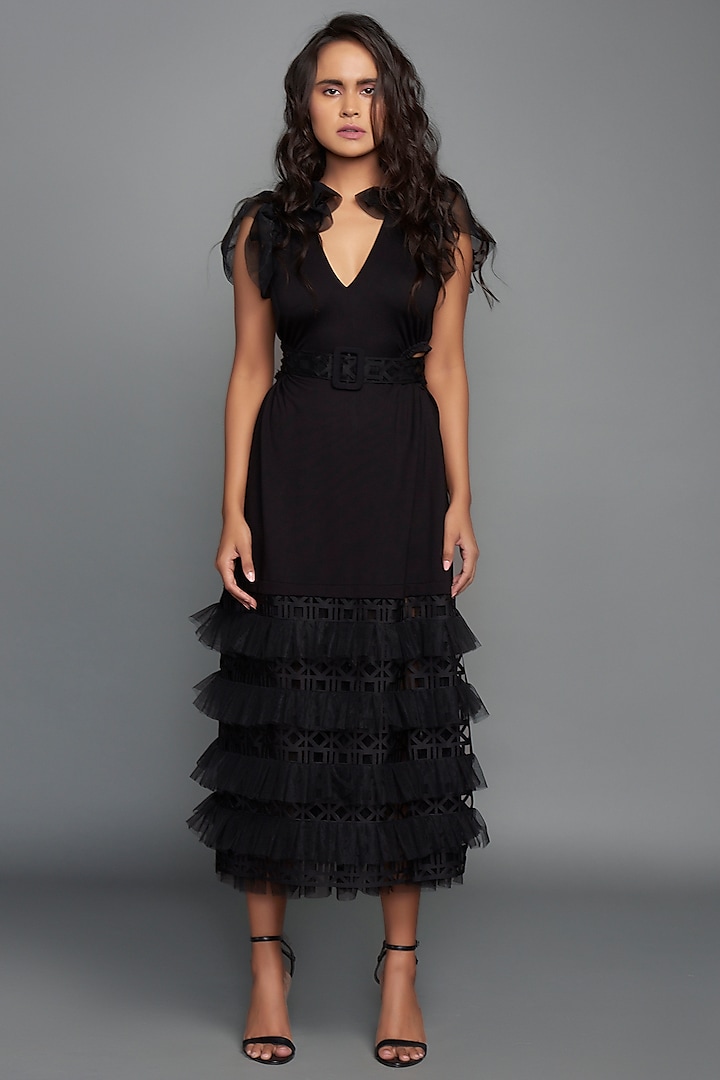 Black Layered Midi Dress by Deepika Arora