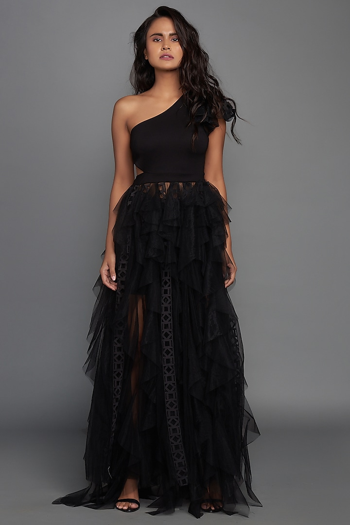 Black One Shoulder Dress by Deepika Arora