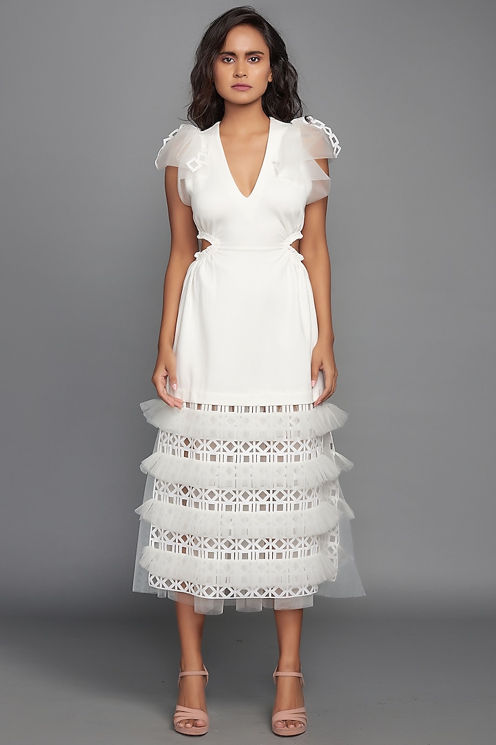 White Layered Midi Dress by Deepika Arora