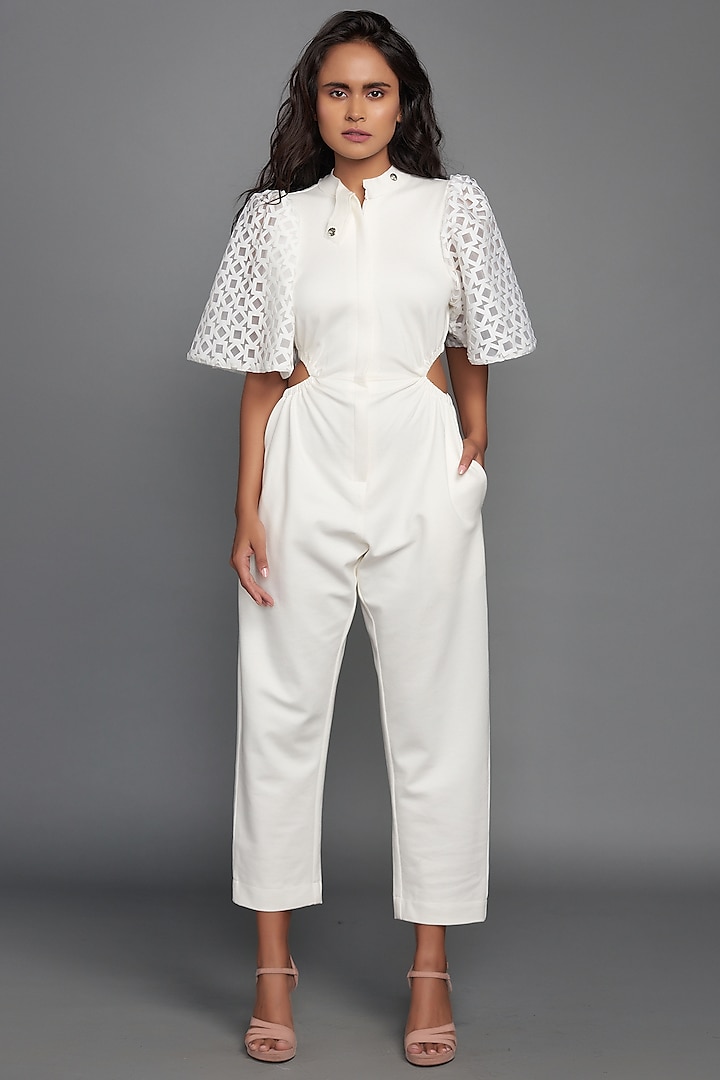 White Ponte Roma Jumpsuit by Deepika Arora