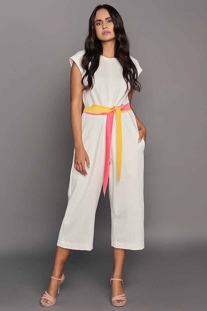 White Jumpsuit With Attached Neon Belt by Deepika Arora