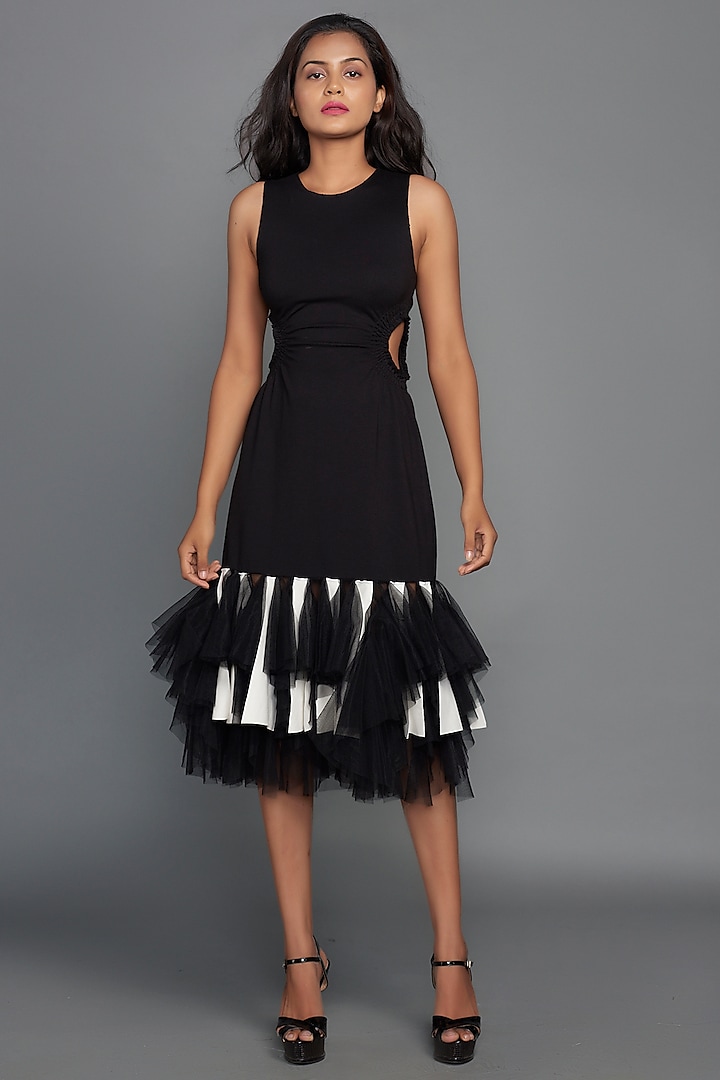 Black Ruffled Midi Dress by Deepika Arora