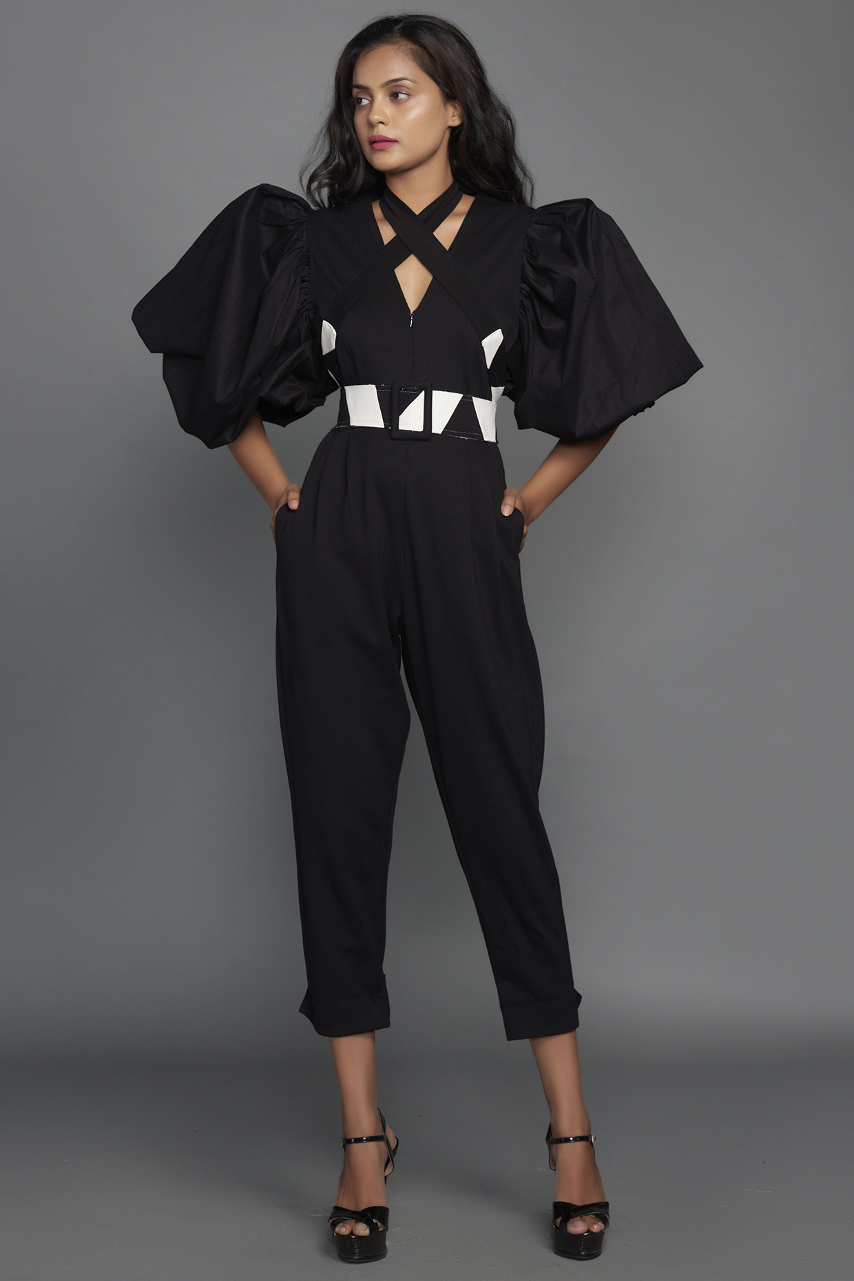 Black Cotton Jumpsuit With Belt by Deepika Arora