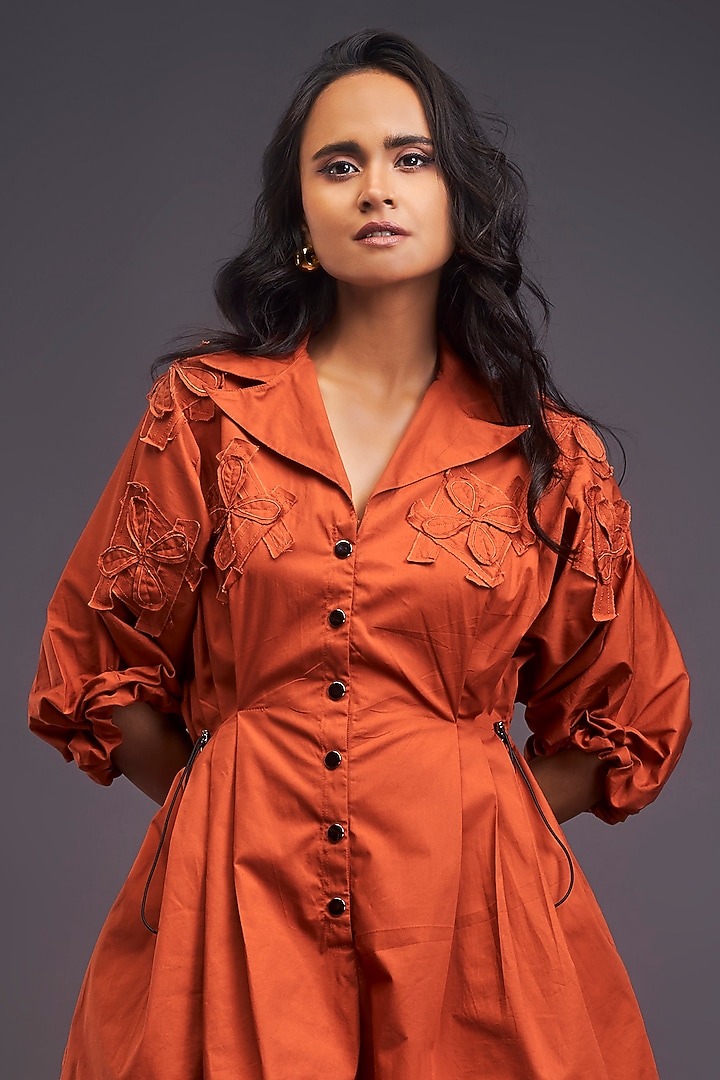 Rust Cotton Embroidered Summer Dress by Deepika Arora at Pernia's Pop Up Shop