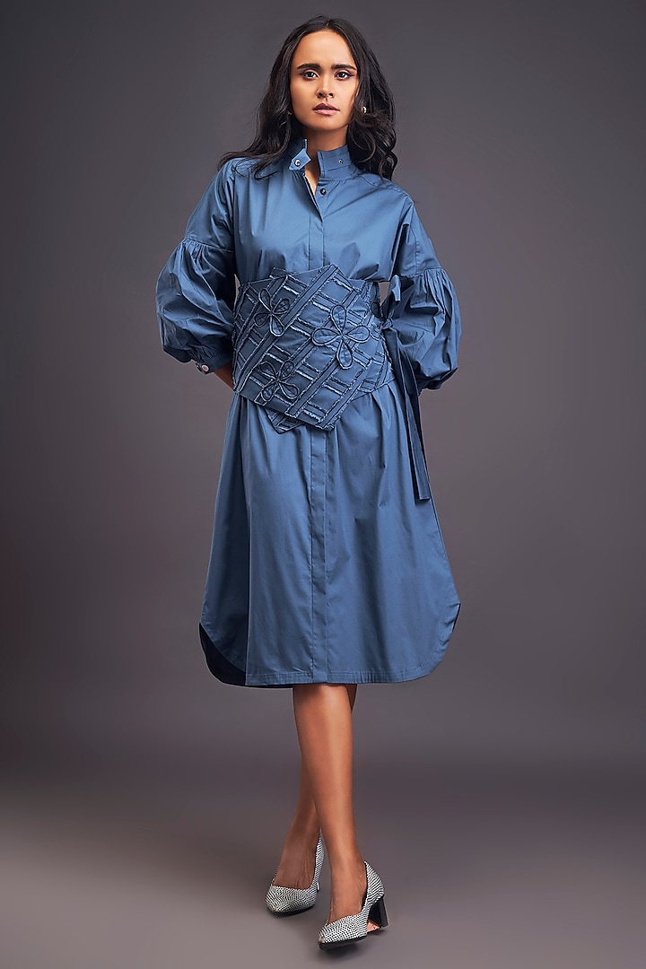 Blue Cotton Shirt Dress by Deepika Arora at Pernia's Pop Up Shop