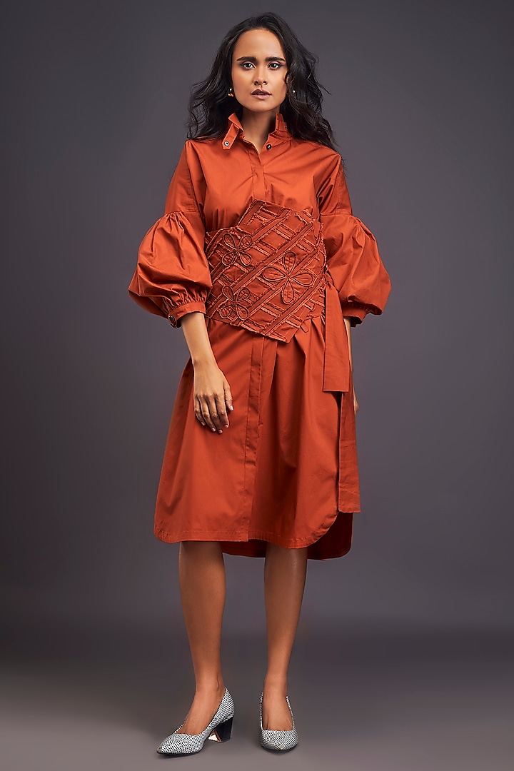 Rust Cotton Shirt Dress by Deepika Arora at Pernia's Pop Up Shop