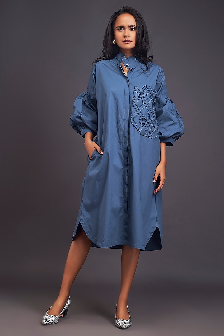 Blue Cotton Embroidered Oversized Shirt Dress by Deepika Arora at Pernia's Pop Up Shop