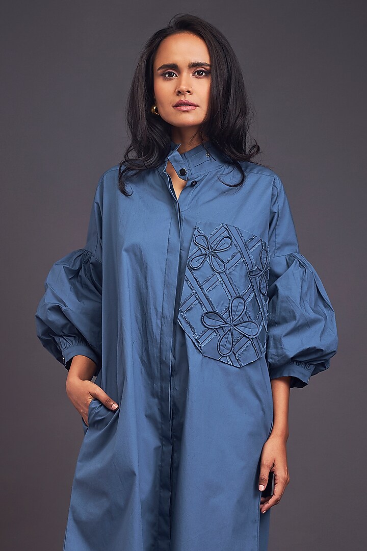 Blue Cotton Embroidered Oversized Summer Shirt Dress by Deepika Arora at Pernia's Pop Up Shop