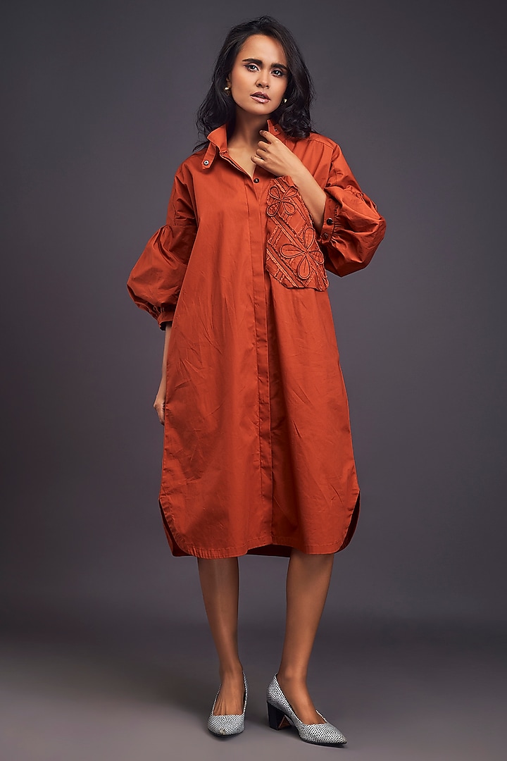 Rust Cotton Embroidered Oversized Shirt Dress by Deepika Arora at Pernia's Pop Up Shop