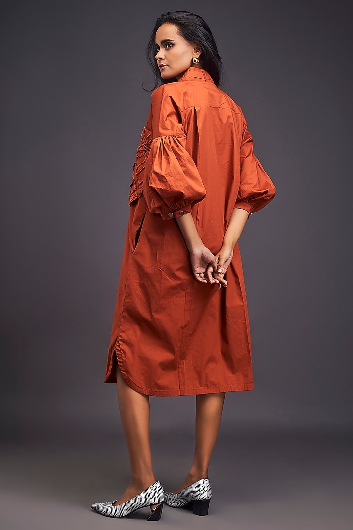 Rust Cotton Embroidered Oversized Summer Shirt Dress by Deepika Arora at Pernia's Pop Up Shop
