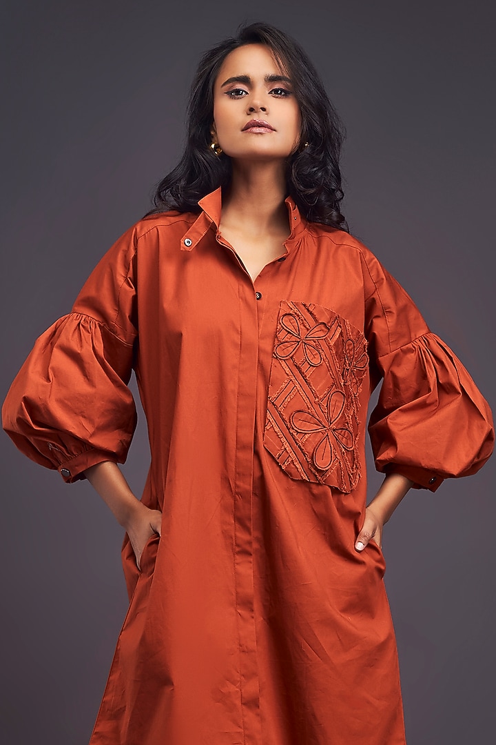 Rust Cotton Embroidered Oversized Summer Shirt Dress by Deepika Arora at Pernia's Pop Up Shop