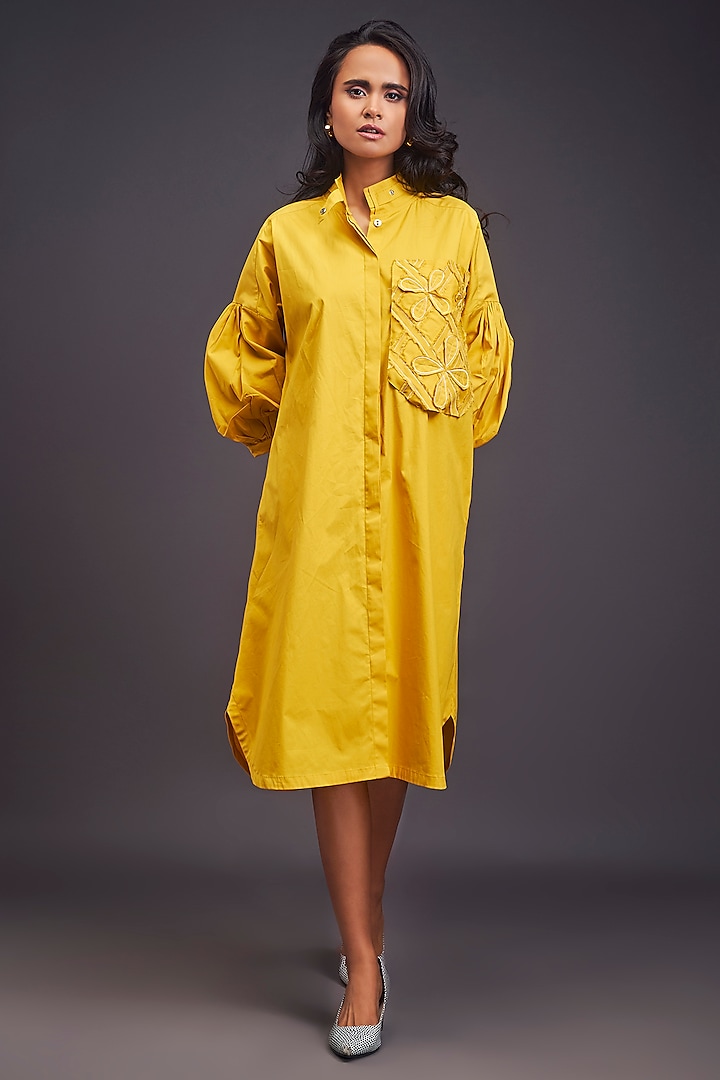 Yellow Cotton Embroidered Oversized Shirt Dress by Deepika Arora at Pernia's Pop Up Shop