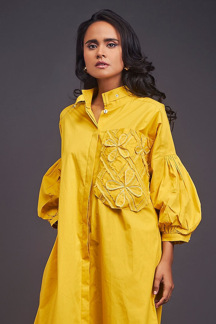 Yellow Cotton Embroidered Oversized Summer Shirt Dress by Deepika Arora at Pernia's Pop Up Shop
