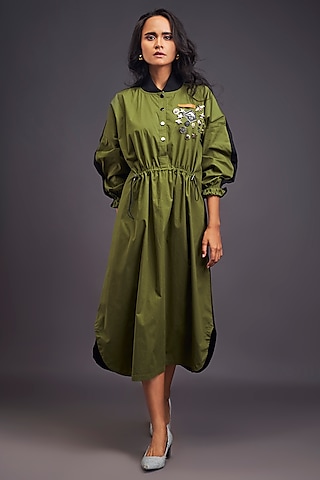 Green & Black Cotton Oversized Dress by Deepika Arora